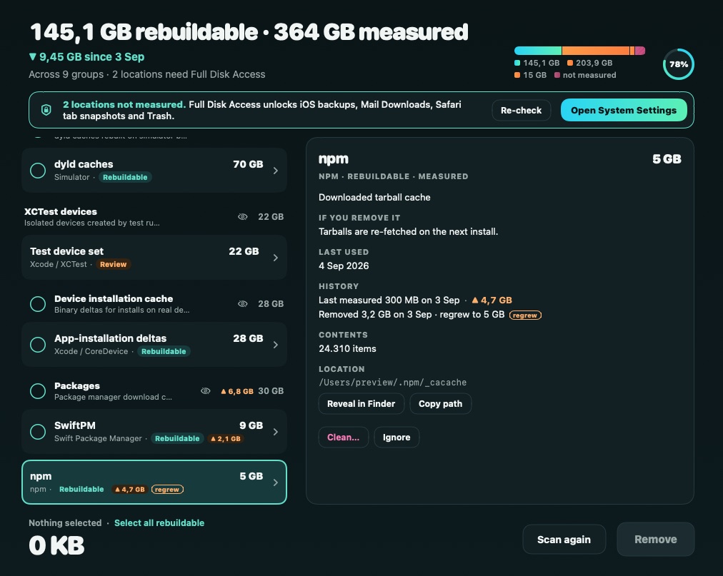 Deep Scan results listing developer caches with sizes, history and what happens if each is removed.