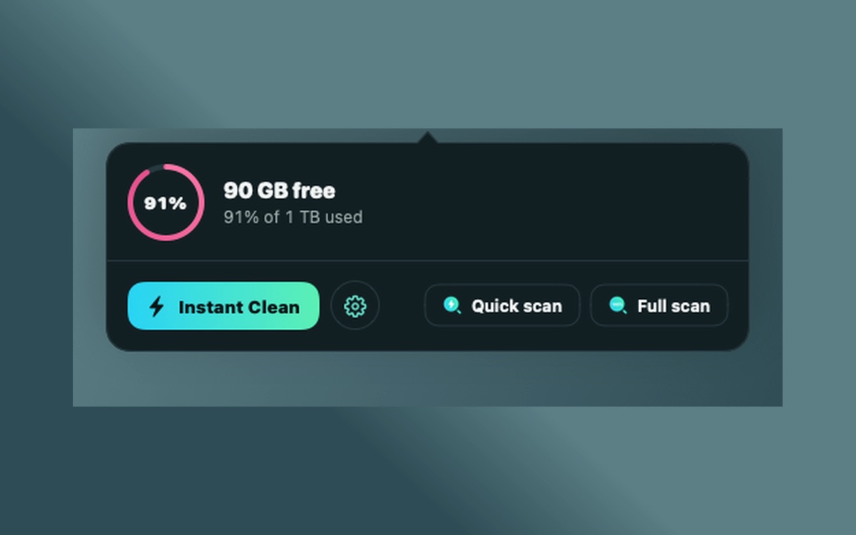 EzClean menu bar popover showing free space with Instant Clean, Quick scan and Full scan buttons.